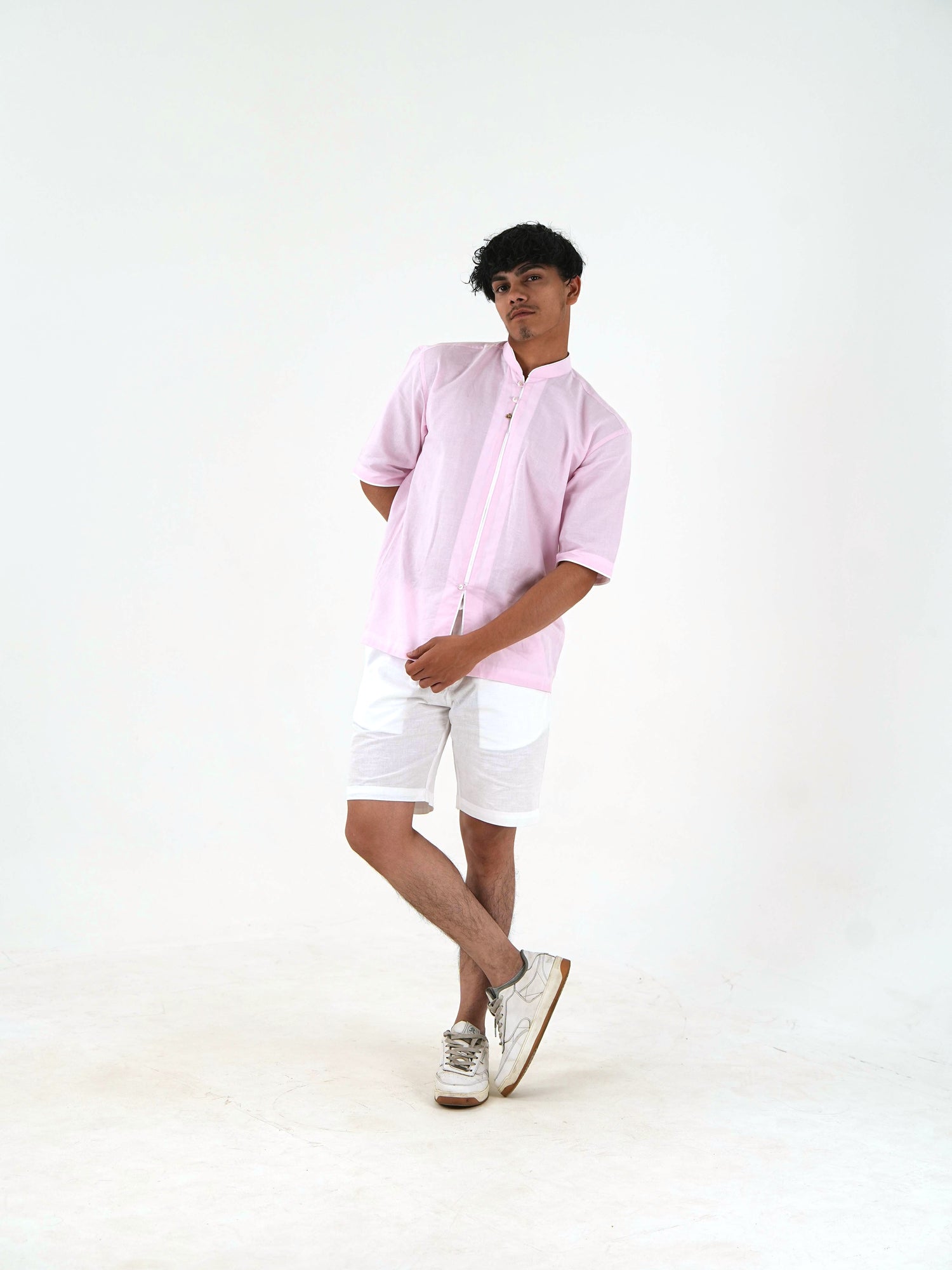 Mandarin Collar Kurta Shorts Set - Blush Pink
