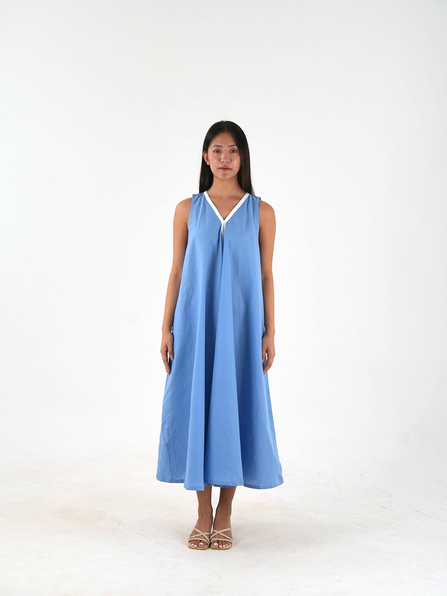 Sleeveless Flared Dress - Pastel Blue Linen