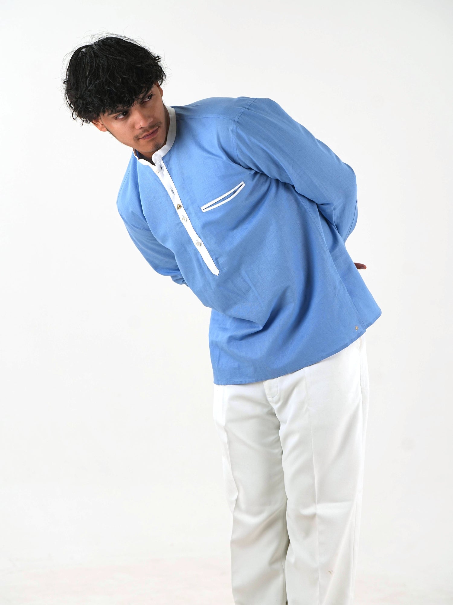 Linen Short Kurta - Sky Blue