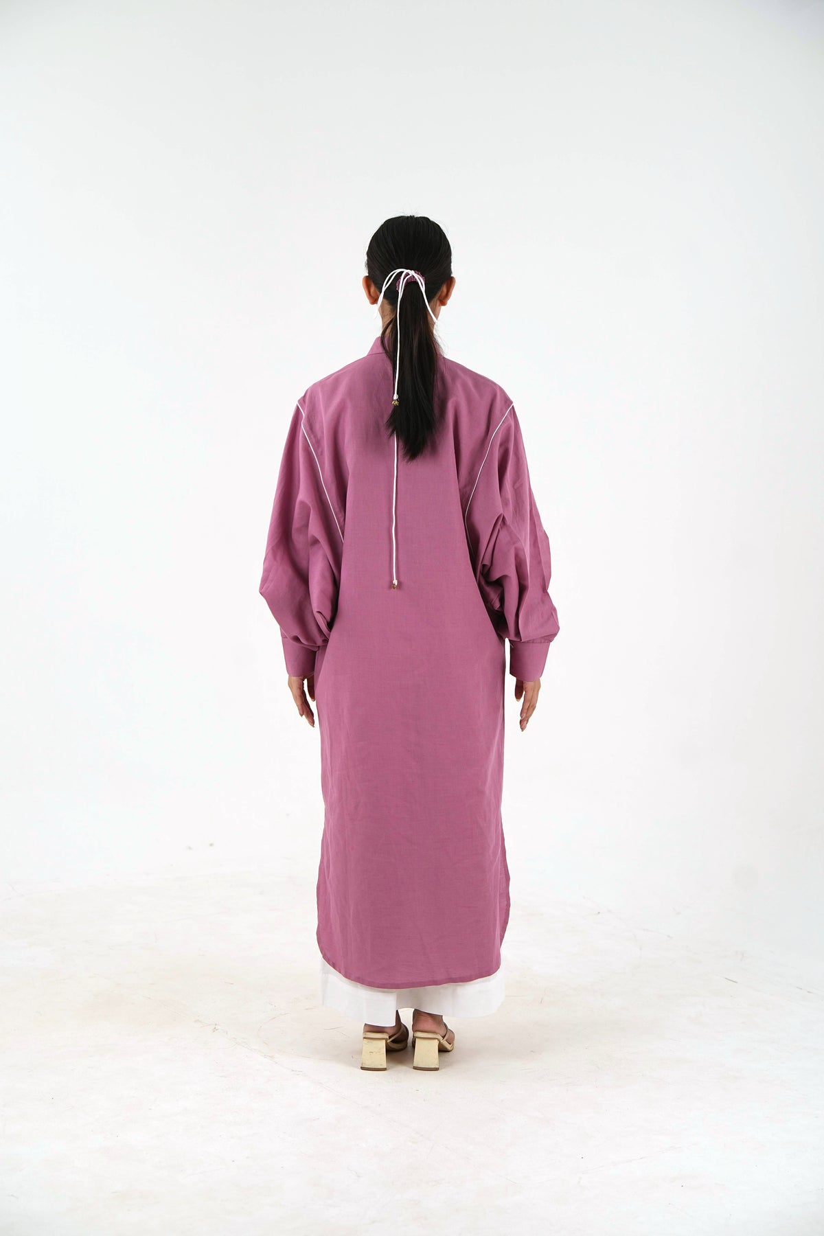 White Piping Kaftan Kurta - Mauve Linen