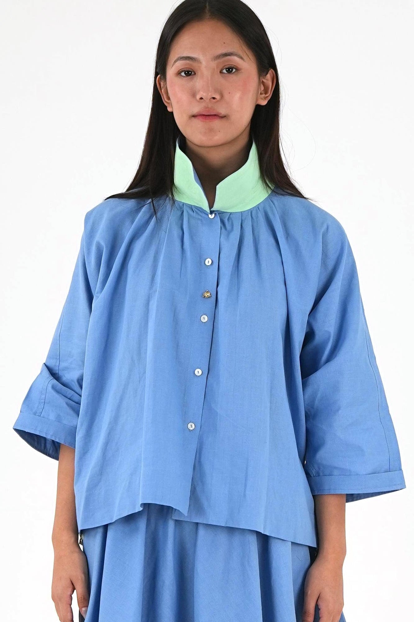 Mandarin Collar Linen Shirt - Pastel Blue