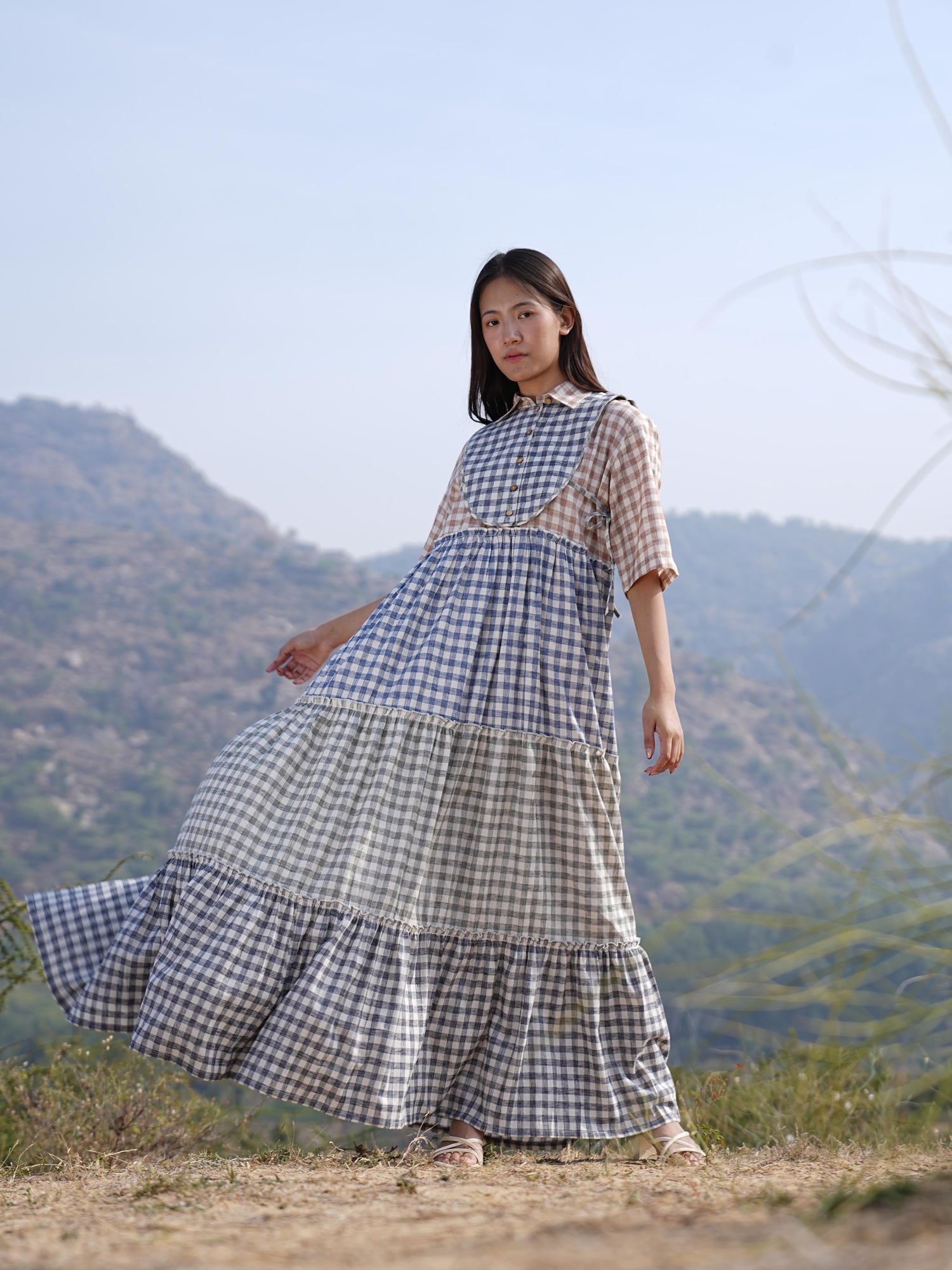 Full-length checked cotton maxi dress in a relaxed fit