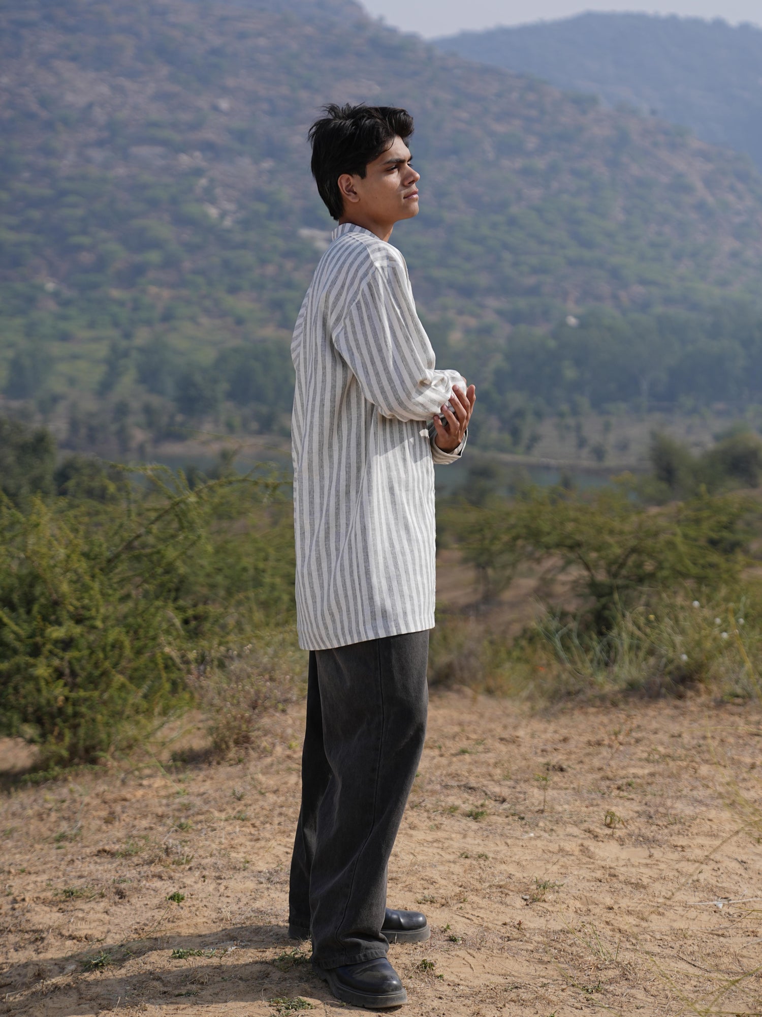 Olive Stripe Maxi Dress & Kurta Duo
