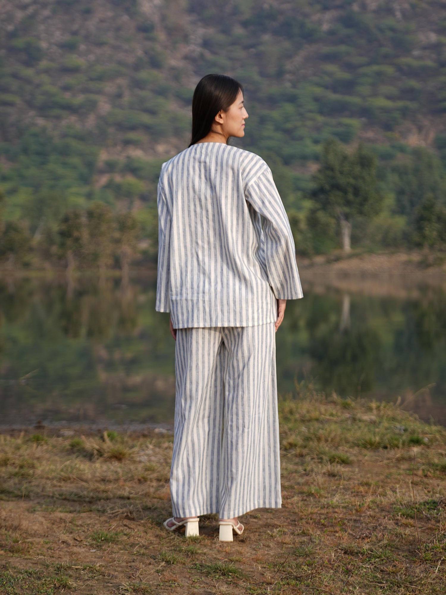 Full-length view of the striped cotton co-ord set