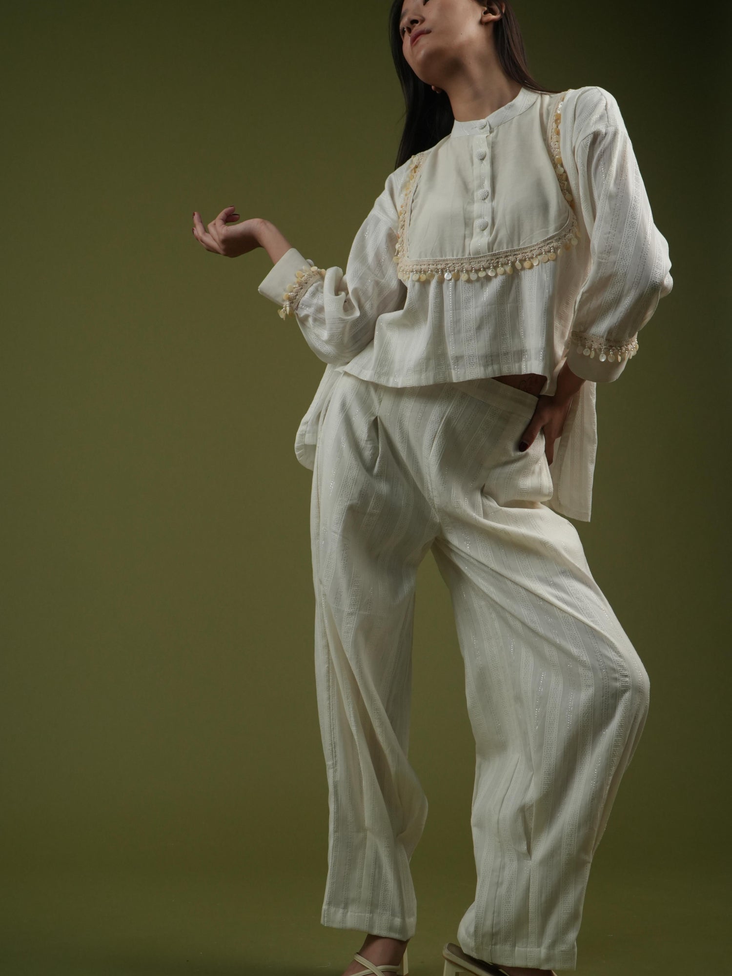 Vanshitaaz Ivory Grace Embroidered Shirt & Pleated Pants Set