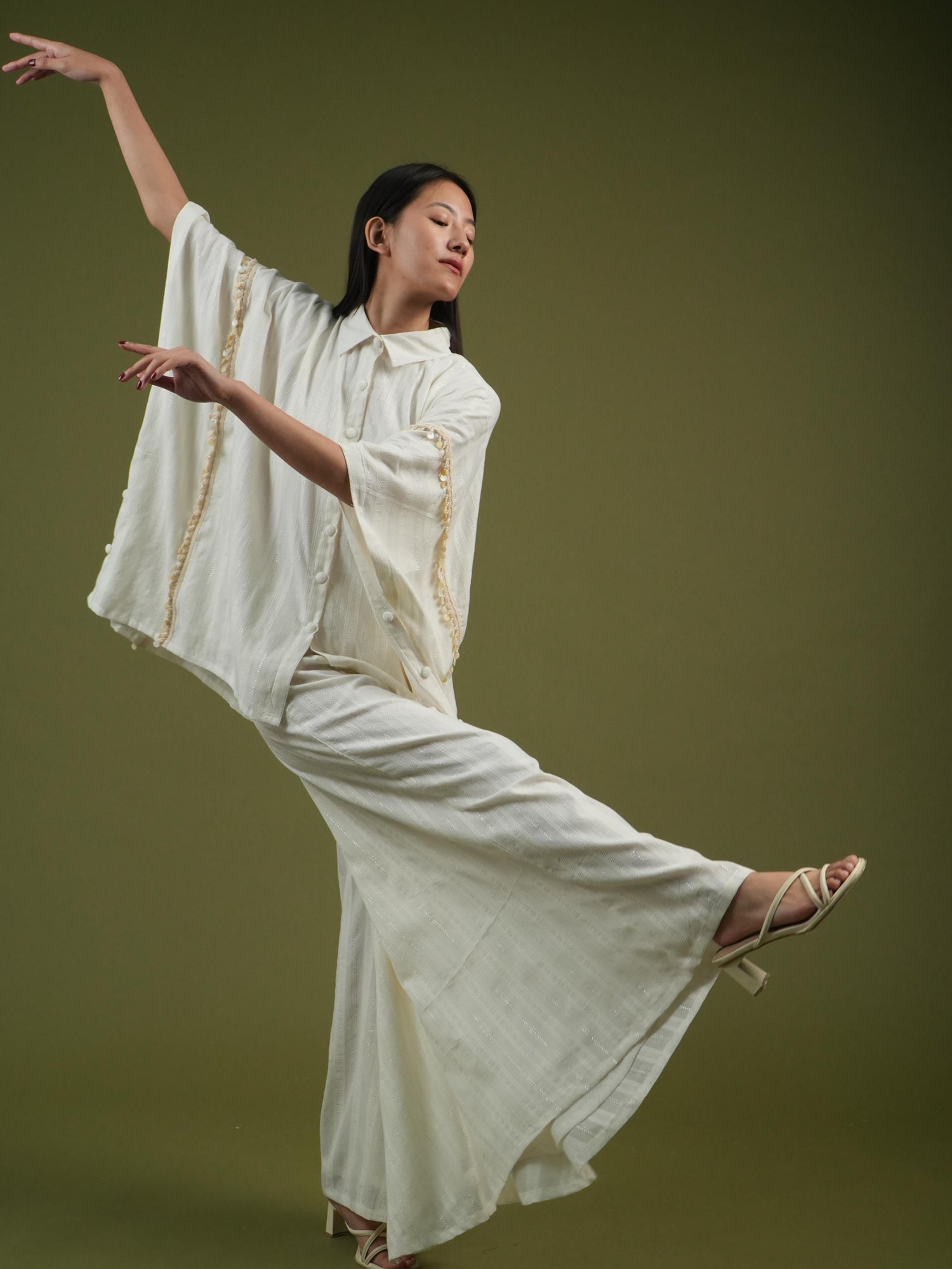 Vanshitaaz Flowing Ivory Cape Shirt & Wide-Leg Pants Set