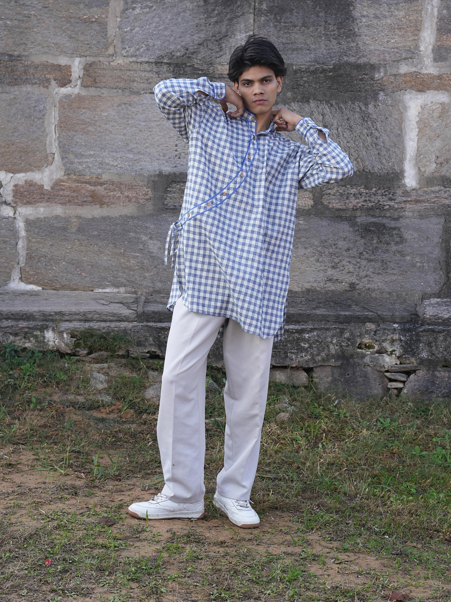 Stripe Button Back Dress & Angrakha Duo