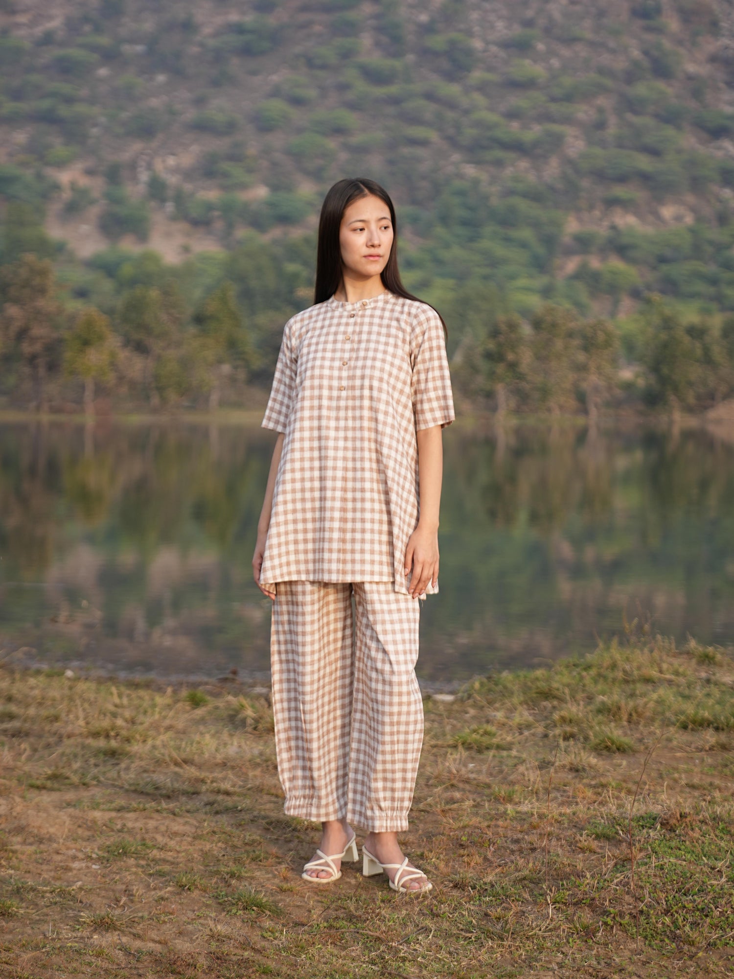 Full-length view of the checked cotton co-ord set