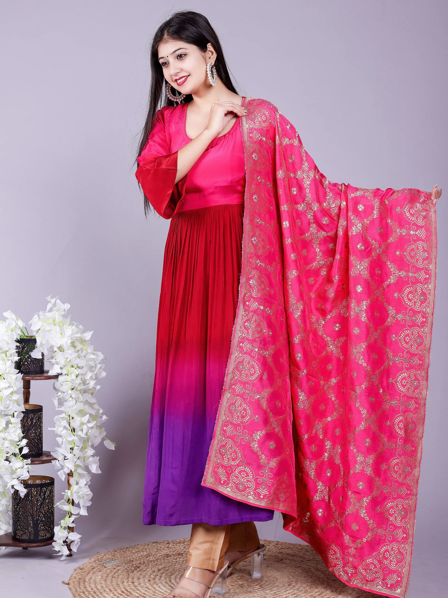 Ombre Pink Purple Kurta pant Dupatta