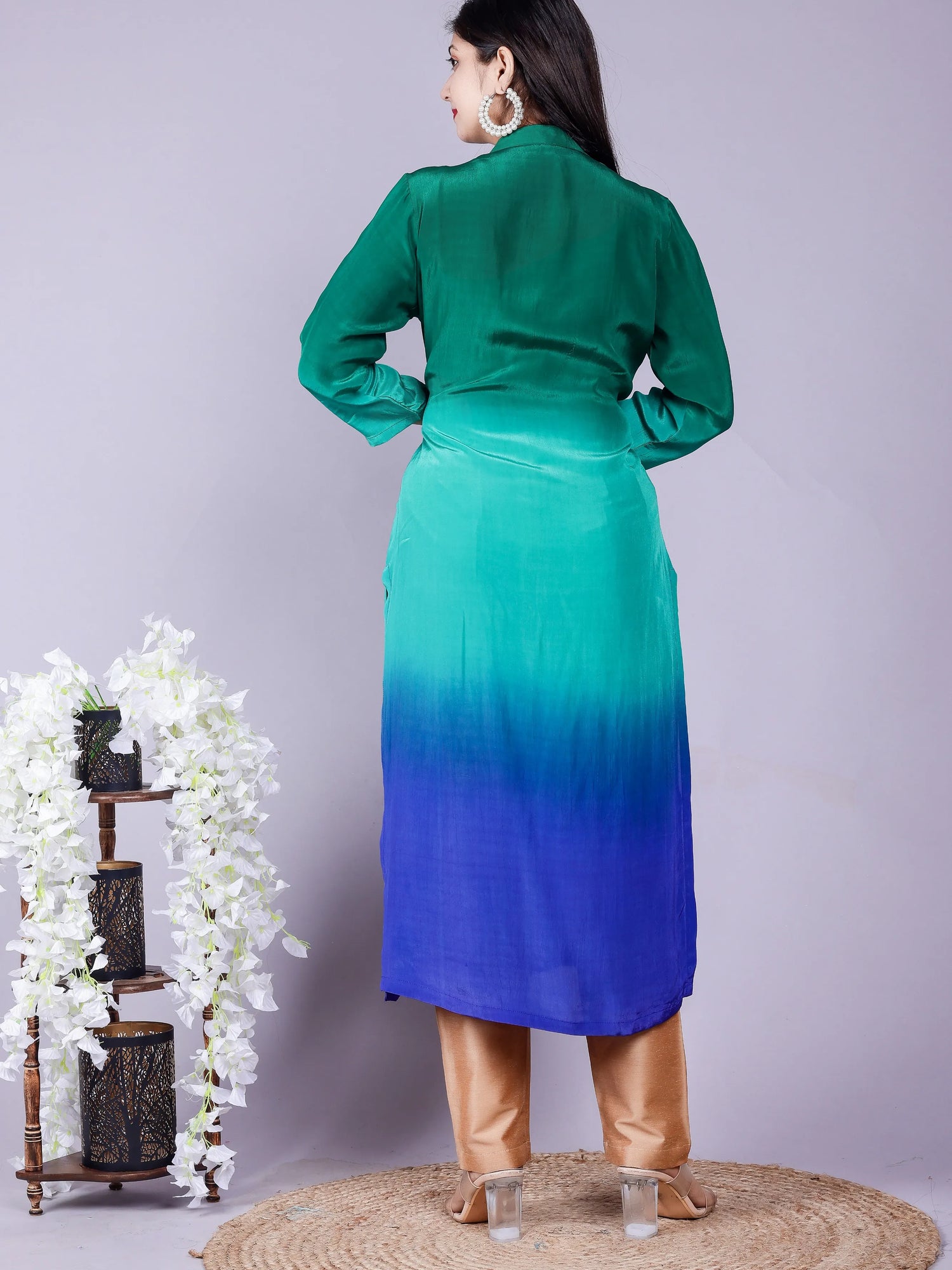 Ombre Bottle green Kurta Pant Brocade Dupatta