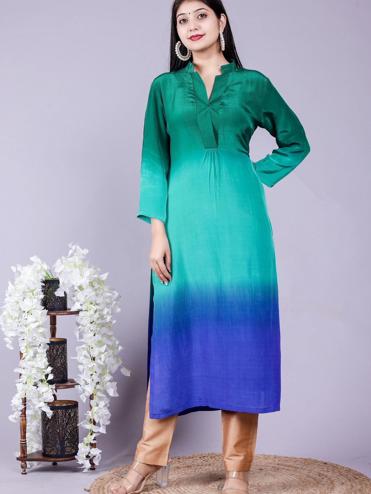 Ombre Bottle green Kurta Pant Brocade Dupatta