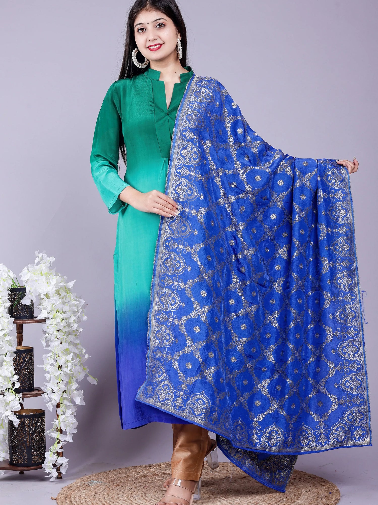 Ombre Bottle green Kurta Pant Brocade Dupatta