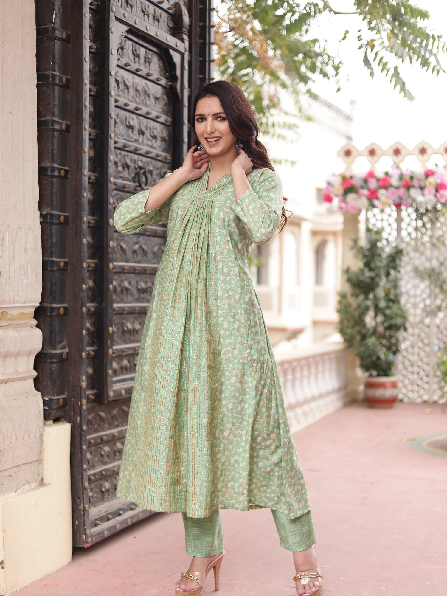 Pista Green V-Neck kurta-Pant Dupatta