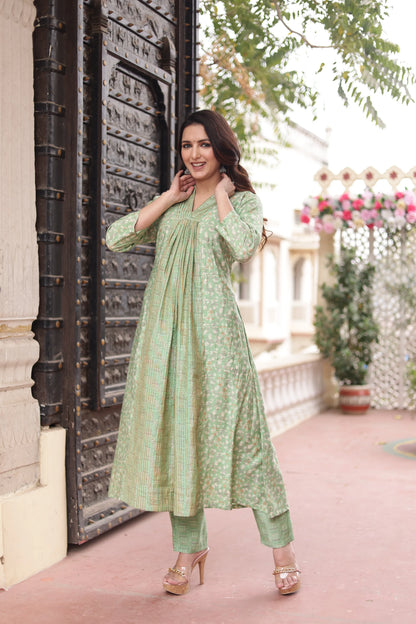 Pista Green V-Neck kurta-Pant Dupatta