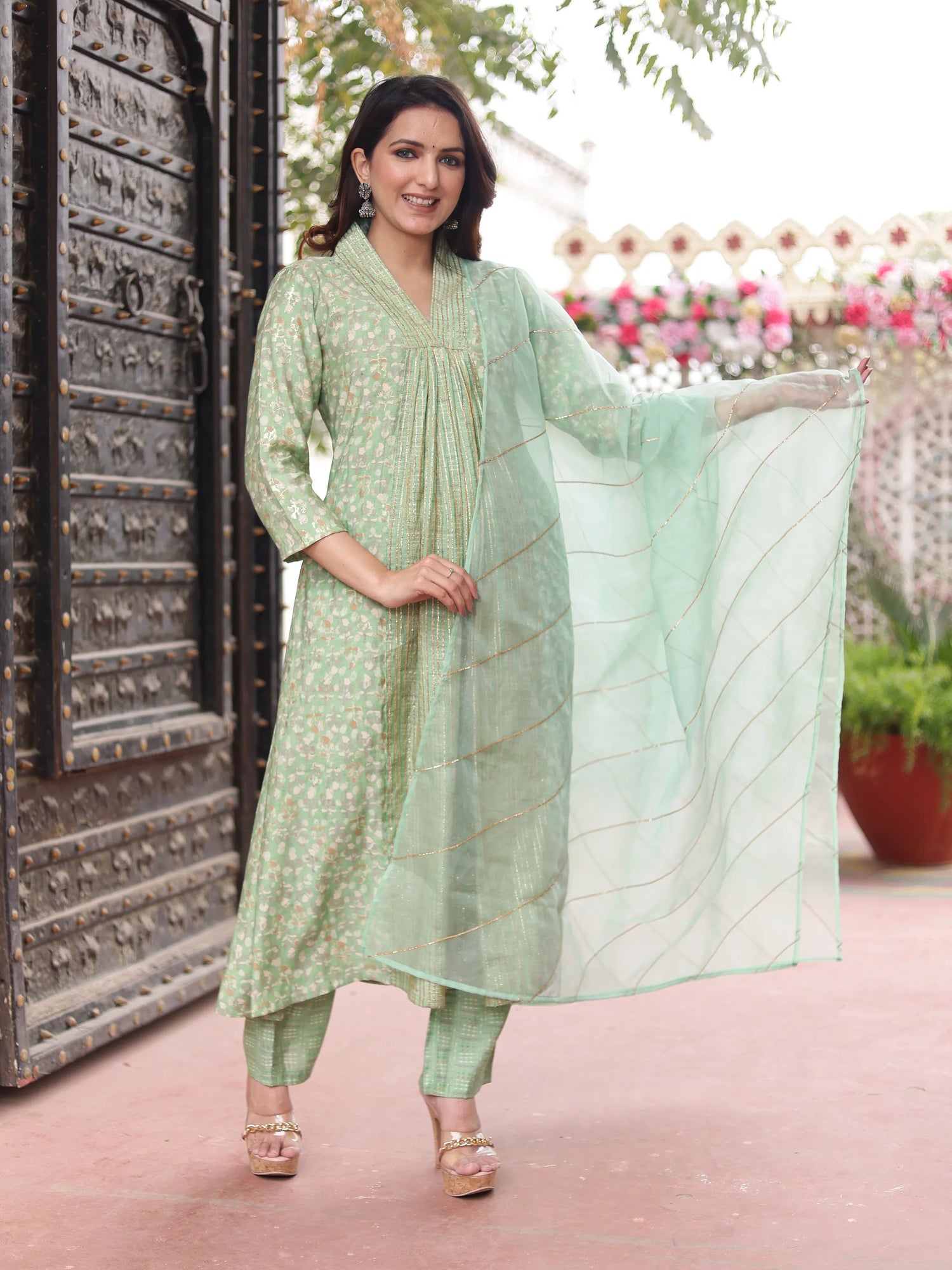 Pista Green V-Neck kurta-Pant Dupatta