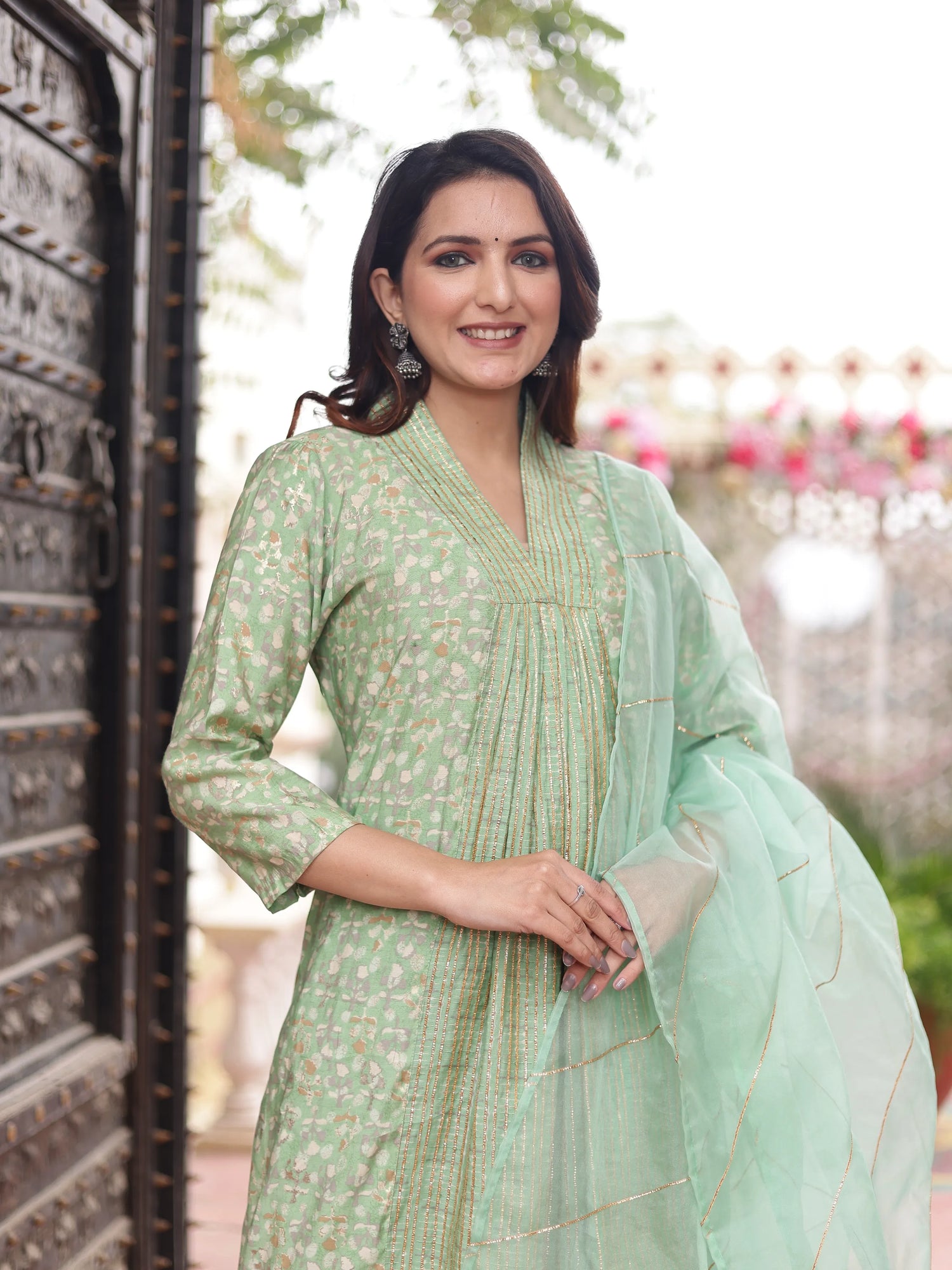 Pista Green V-Neck kurta-Pant Dupatta