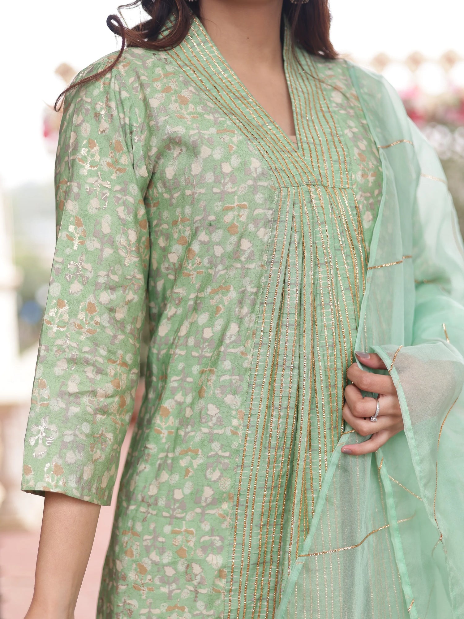 Pista Green V-Neck kurta-Pant Dupatta