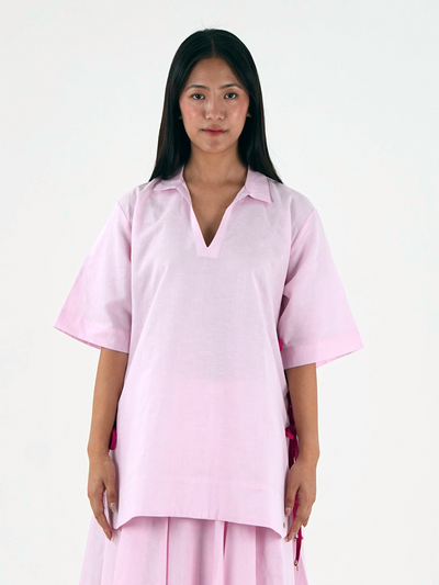 V Neck Tunic Top - Pastel Pink Linen