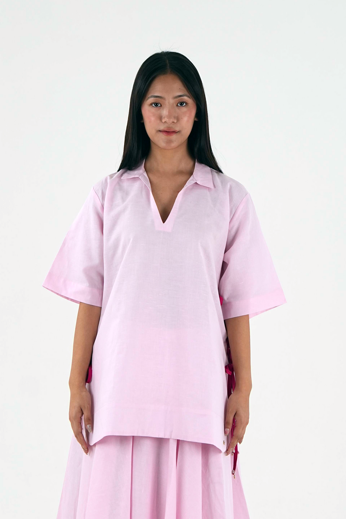 V Neck Tunic Top - Pastel Pink Linen