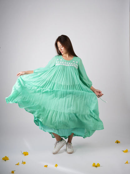 Embroidered Mint Green Dress with scrunchies