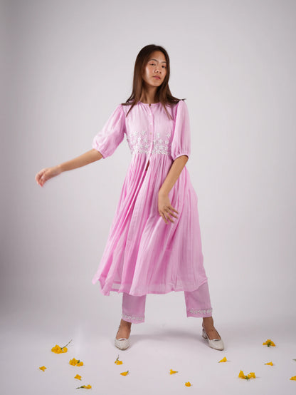Embroidered Blush Pink kurta-Pant with Scrunchies