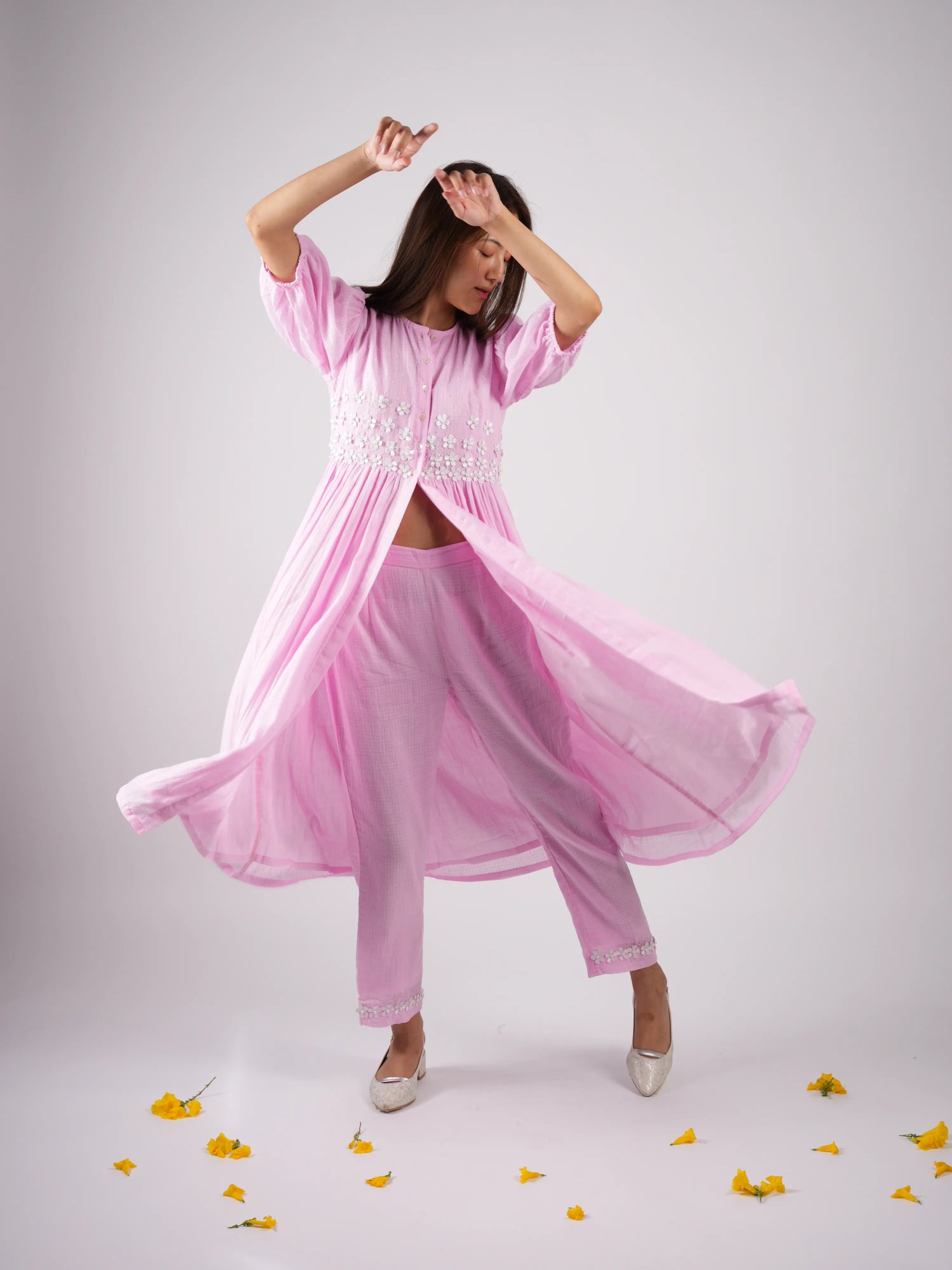 Embroidered Blush Pink kurta-Pant with Scrunchies