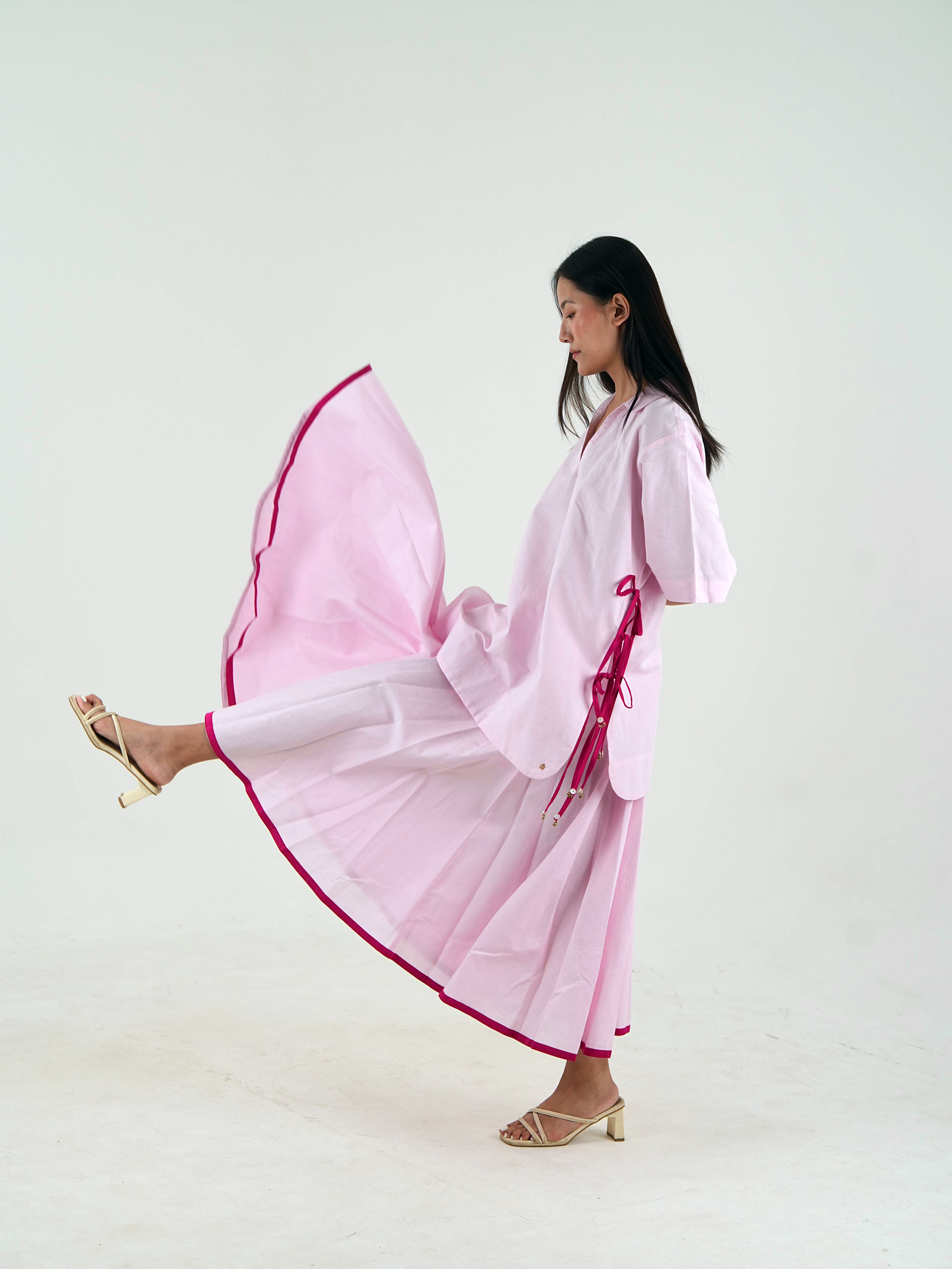 Flared Midi Skirt - Pastel Pink Linen