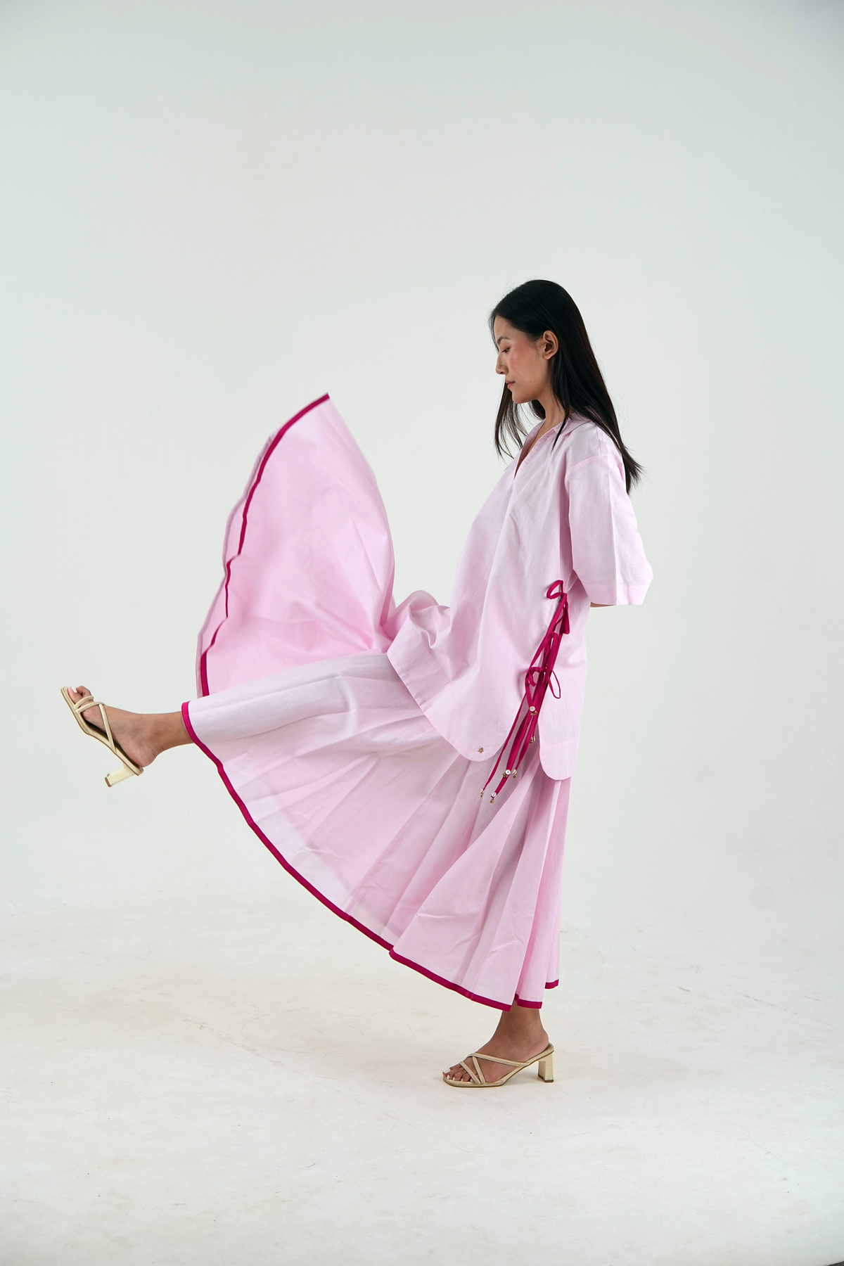 Flared Midi Skirt - Pastel Pink Linen