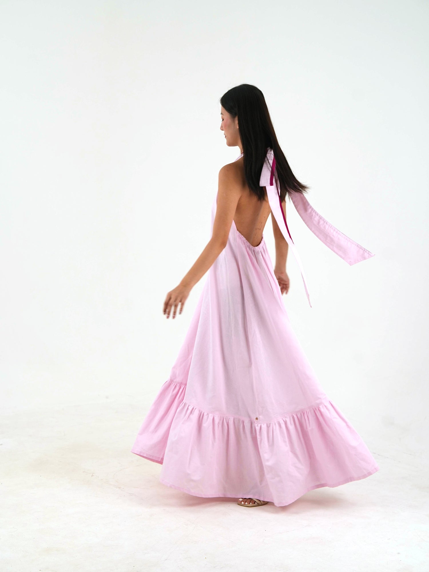 Sleeveless Halter Dress - Pastel Pink Linen