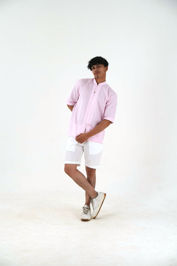 Mandarin Collar Kurta Shorts Set - Blush Pink