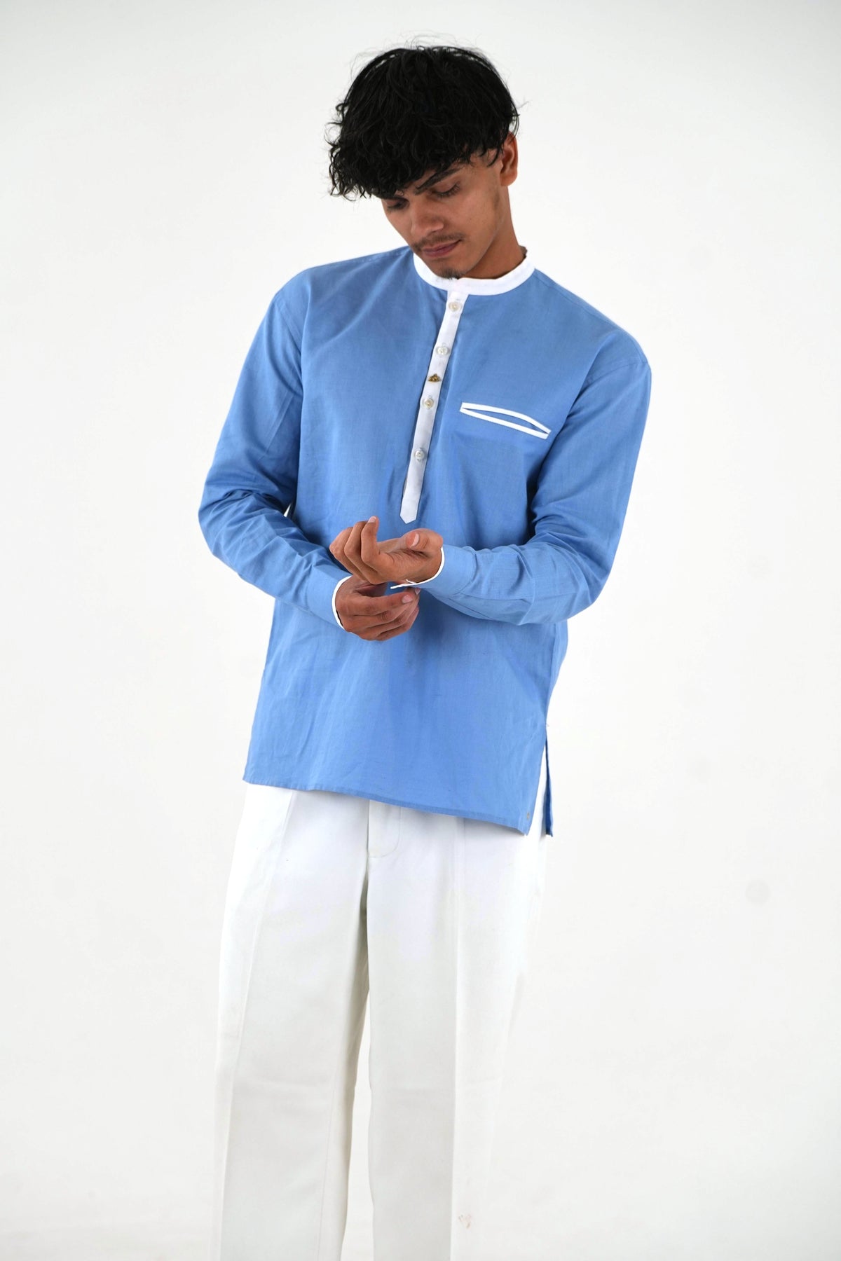 Linen Short Kurta - Sky Blue