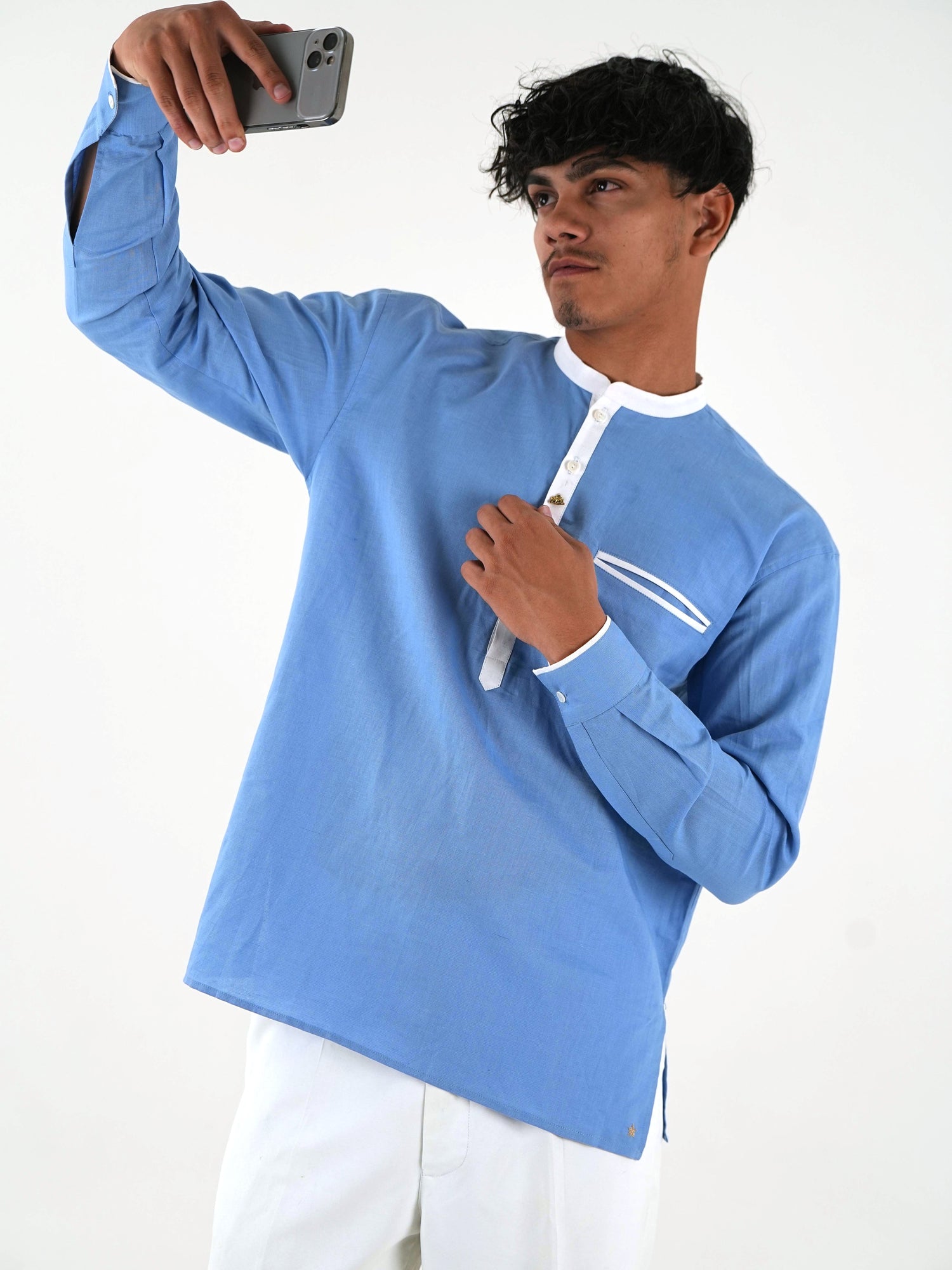 Linen Short Kurta - Sky Blue