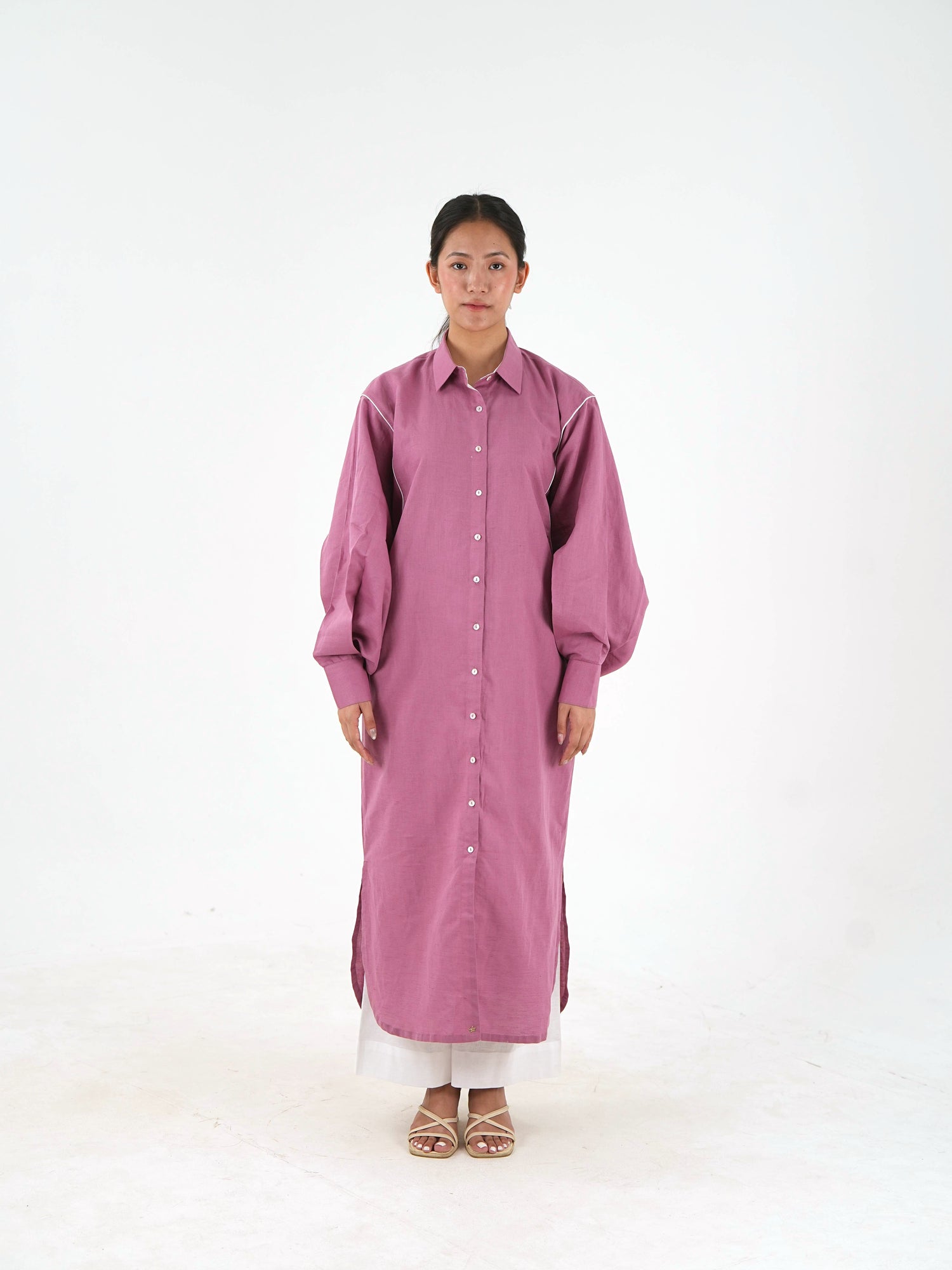 White Piping Kaftan Kurta - Mauve Linen