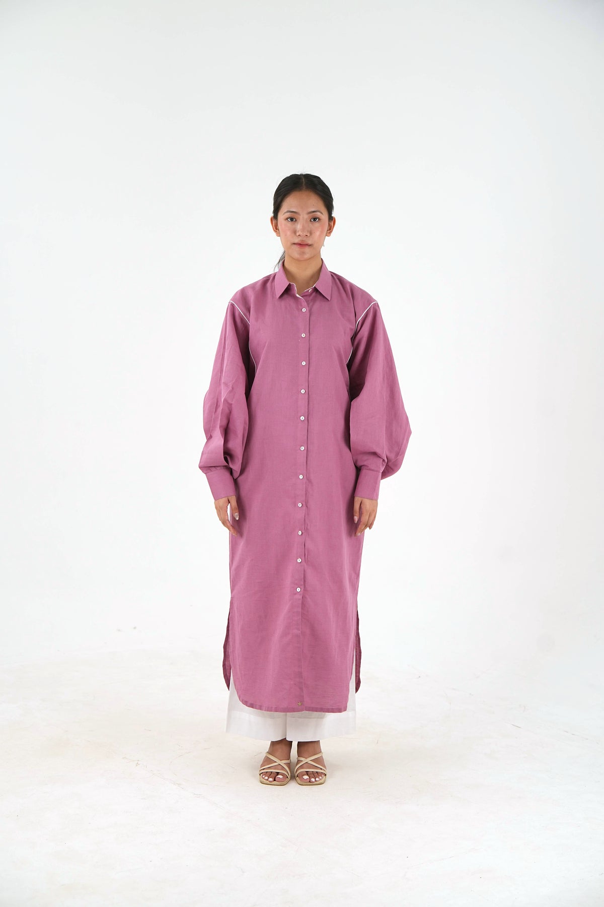 White Piping Kaftan Kurta - Mauve Linen