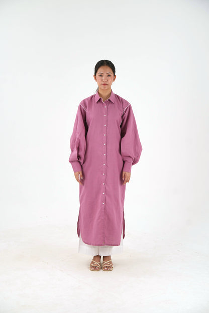 White Piping Kaftan Kurta - Mauve Linen