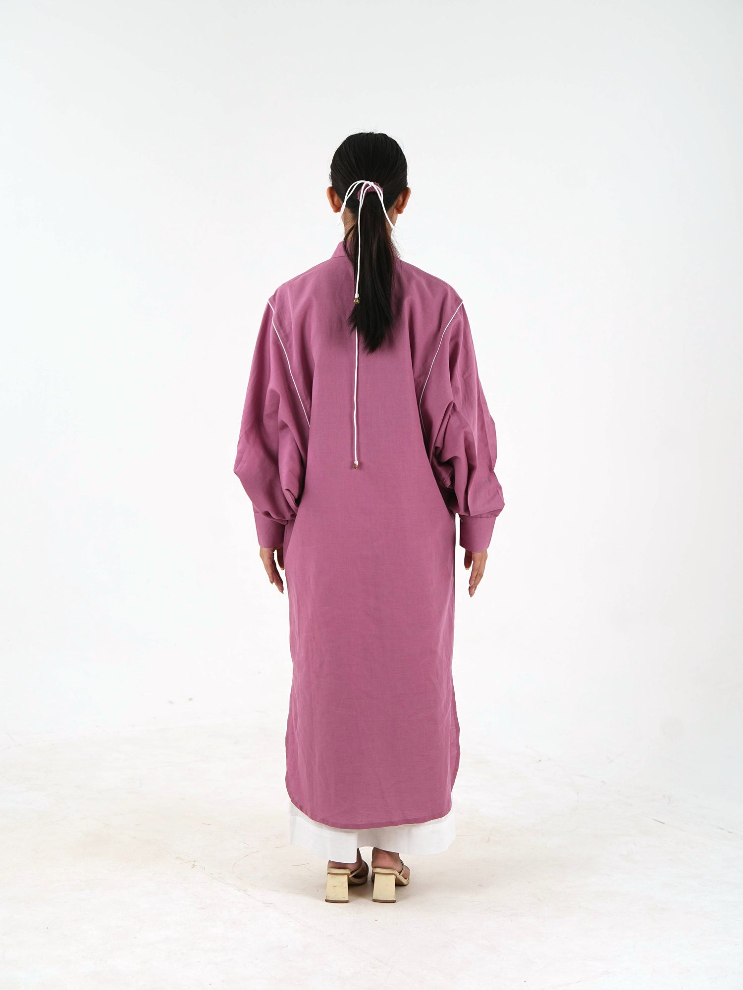 White Piping Kaftan Kurta - Mauve Linen