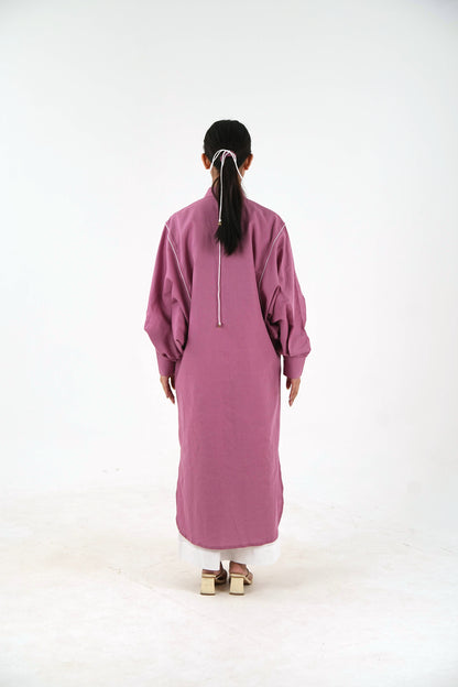 White Piping Kaftan Kurta - Mauve Linen