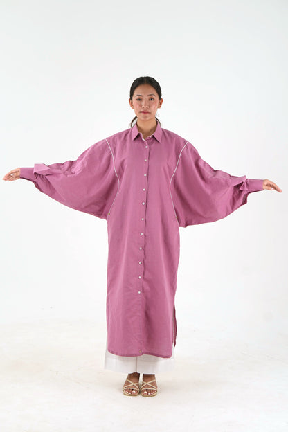 White Piping kurta Pants Set - Mauve Linen