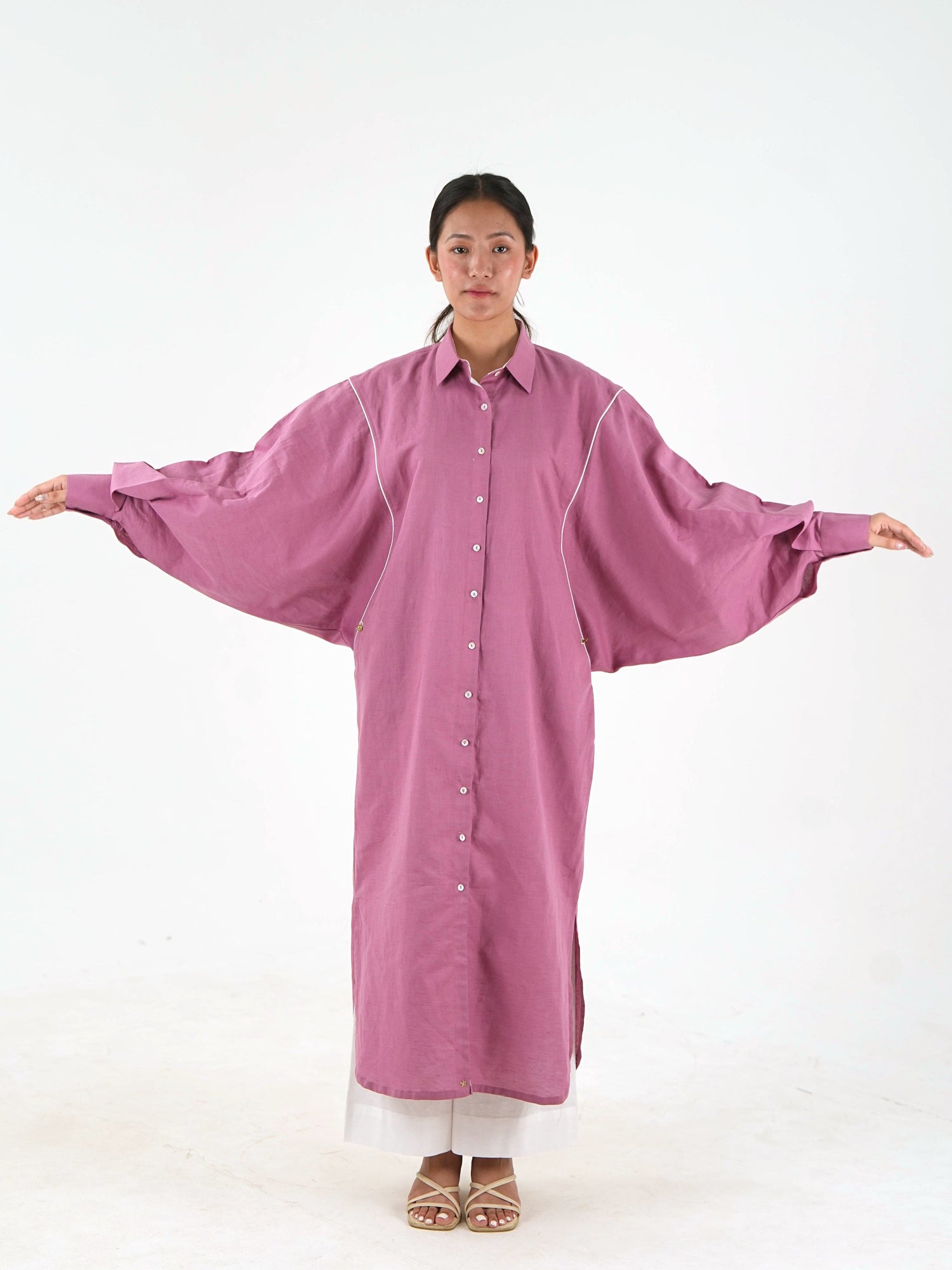 White Piping Kaftan Kurta - Mauve Linen