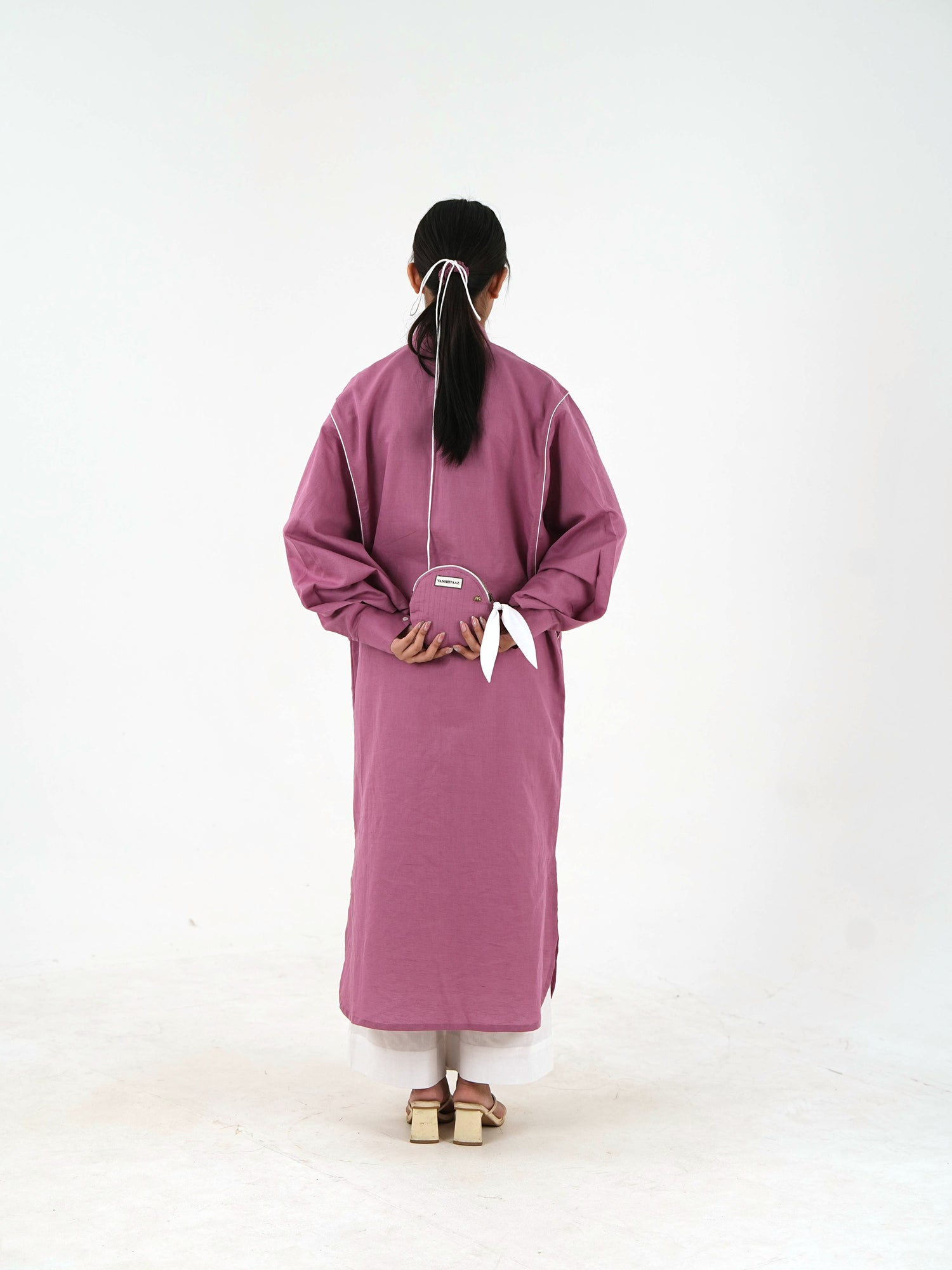 White Piping kurta Pants Set - Mauve Linen