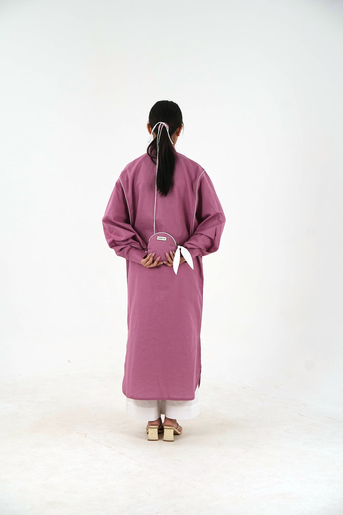 White Piping kurta Pants Set - Mauve Linen