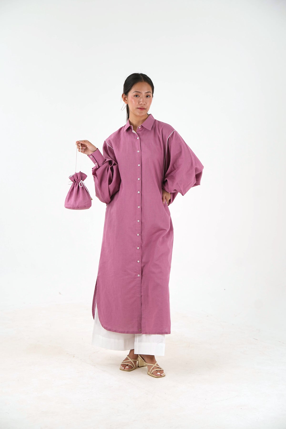 White Piping kurta Pants Set - Mauve Linen