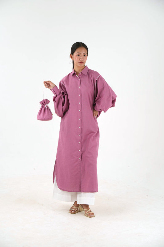 White Piping kurta Pants Set - Mauve Linen