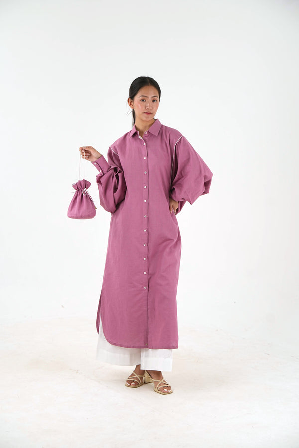 White Piping kurta Pants Set - Mauve Linen