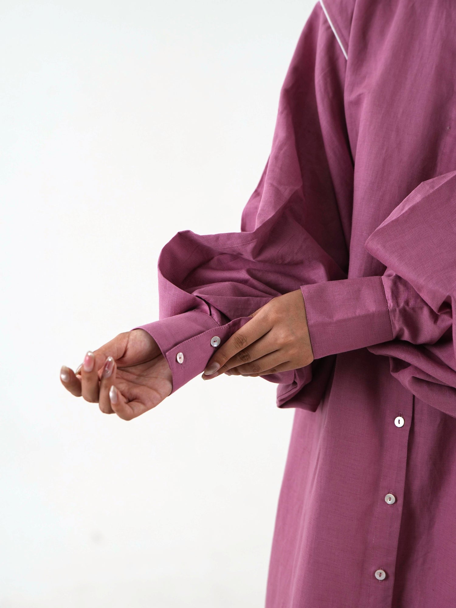 White Piping Kaftan Kurta - Mauve Linen