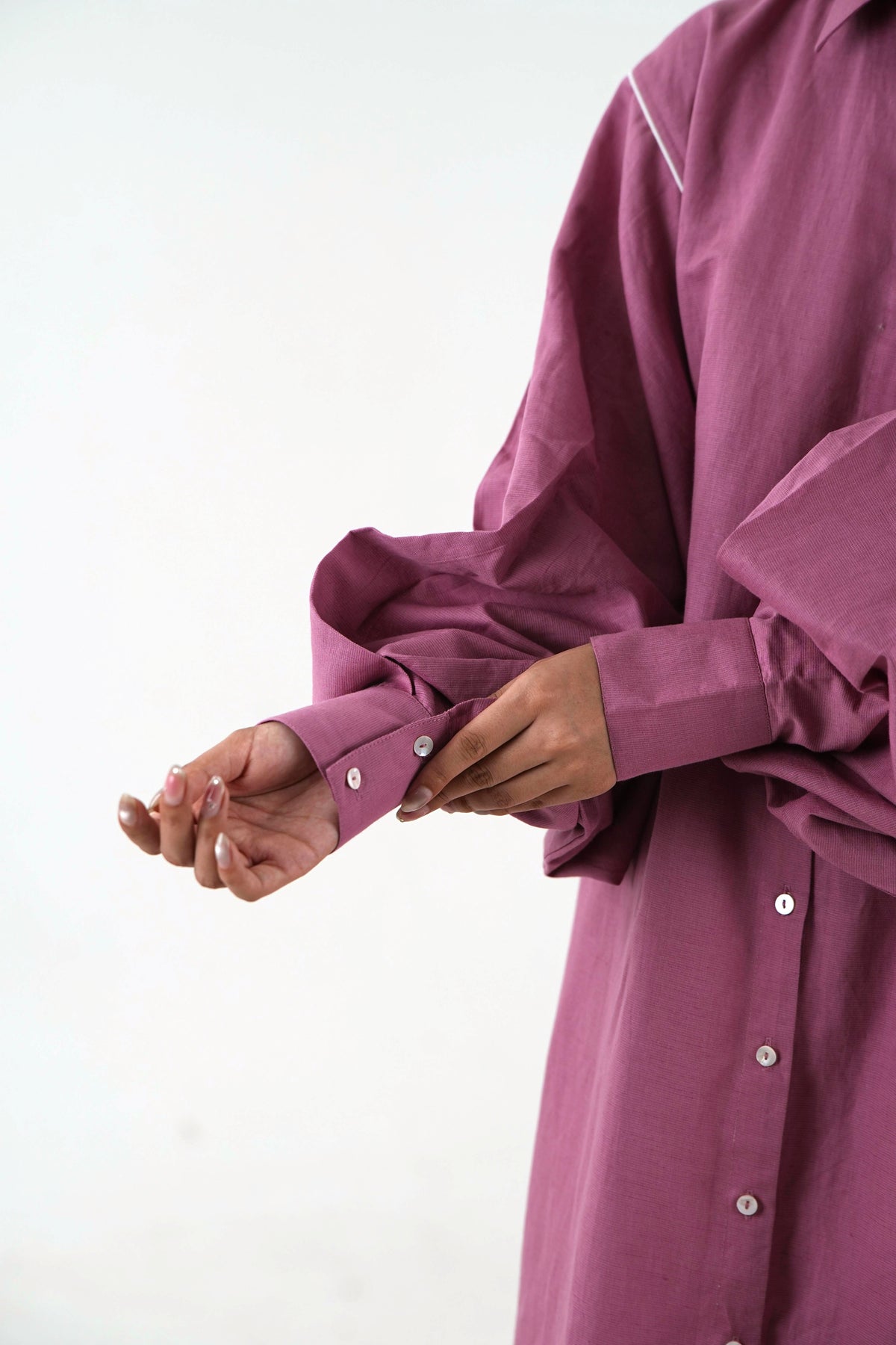 White Piping Kaftan Kurta - Mauve Linen