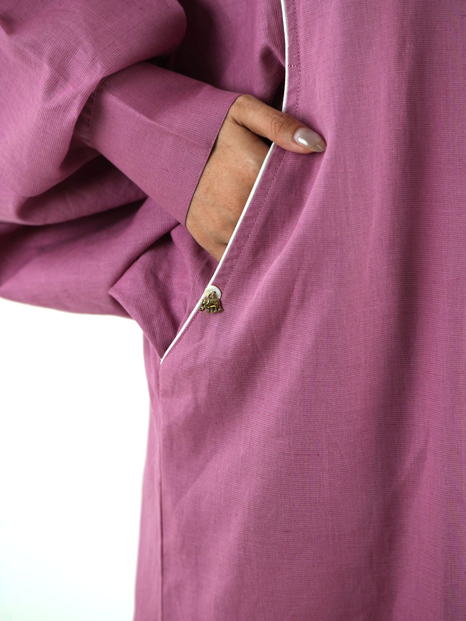 White Piping Kaftan Kurta - Mauve Linen