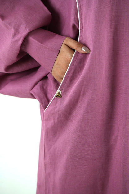 White Piping kurta Pants Set - Mauve Linen