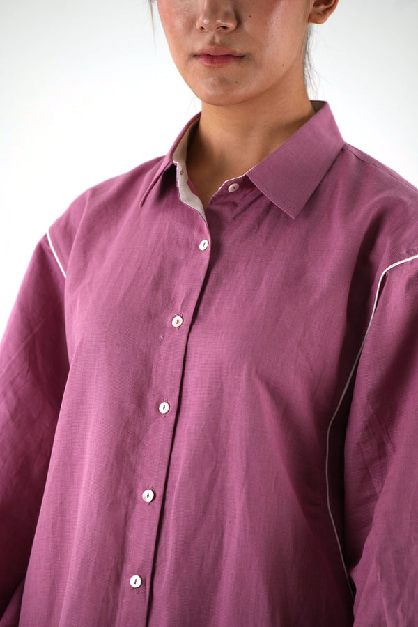 White Piping Kaftan Kurta - Mauve Linen