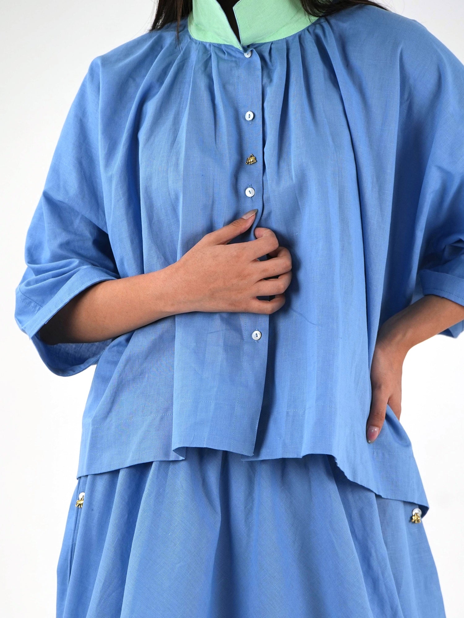 Mandarin Collar Linen Shirt - Pastel Blue